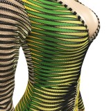 Green Print Deep-V Ruched Strings Flare Sleeve Sheath Dress