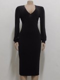 Black V-Neck Long Sleeves Elegant Bodycon Midi Dress