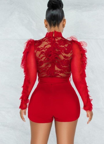 Red Lace Patch Tassel Long Sleeves Rompers with Belt
