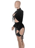 Black Velvet Midi Neck Drawstring Keyhole Long Sleeve Mini Dress
