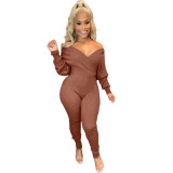 Apricot Deep-V Ribbed Sexy Long Sleeve Jumpsuit
