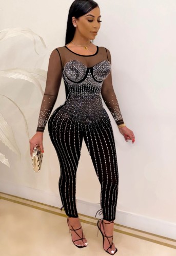 Black Beaded Long Sleeve O-Neck Bodycon Jumpsuit