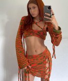 Green and Orange Knitted Cami Crop Top and Lace Up Skirt with Capelet Top 3PCS Set
