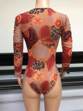 Retro Print Mesh See Through O-Neck Long Sleeve Bodysuit