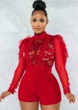 Red Lace Patch Tassel Long Sleeves Rompers with Belt