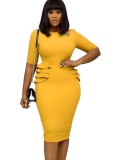 Elegant Yellow Half Sleeves O-Neck Ruffle Midi Office Dress