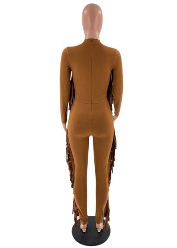 Brown Fringe Midi Neck Long Sleeve Jumpsuit