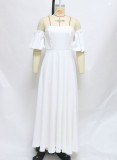 White Off Shoulder Bubble Sleeve Long Bandeau Dress