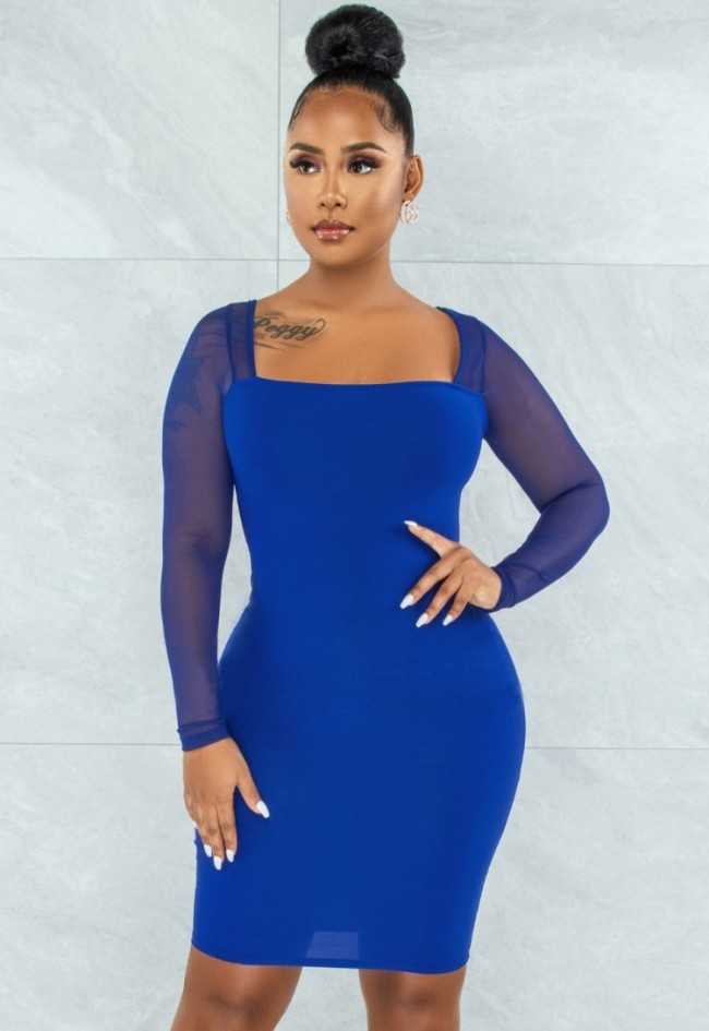 Blue Square Neck See Through Long Sleeve Sheath Mini Dress