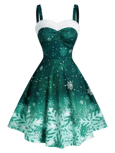 Christmas Print Green Wide Cami Sweetheart Collar Dress