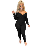 Apricot Deep-V Ribbed Sexy Long Sleeve Jumpsuit