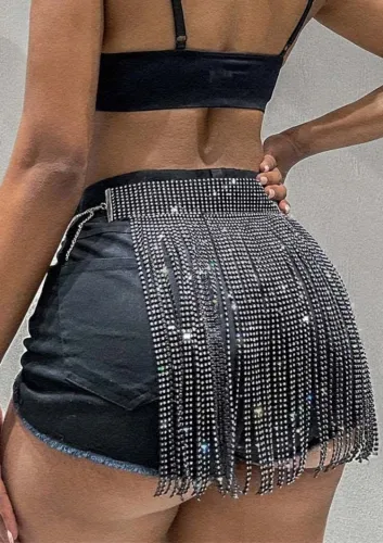 Black Bling Bling Rhinestone Fringe Tassels Chains Mini Skirt