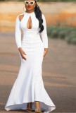 White Keyhole Long Sleeves Mermaid Long Evening Dress
