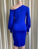 Blue Long Sleeve Slash Shoulder Skinny Midi Dress