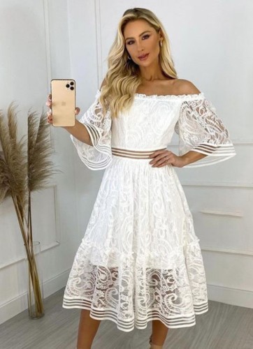 White Lace Off Shoulder Half Sleeve Long Shirring Dress