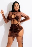 Brown Velvet Midi Neck Drawstring Keyhole Long Sleeve Mini Dress