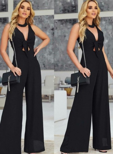 Black Hollow Out Deep-V Sleeveless Tie Loose Jumpsuit