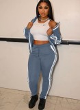 White Size Stripes Grey Zip High Neck Top and Pants 2PCS Tracksuits