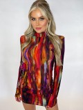 Multicolor Print High Neck Long Sleeves Mini Sheath Dress