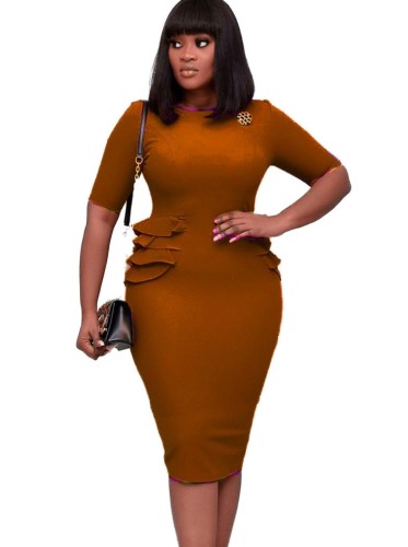 Elegant Brown Half Sleeves O-Neck Ruffle Midi Office Dress