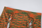Green and Orange Knitted Cami Crop Top and Lace Up Skirt with Capelet Top 3PCS Set