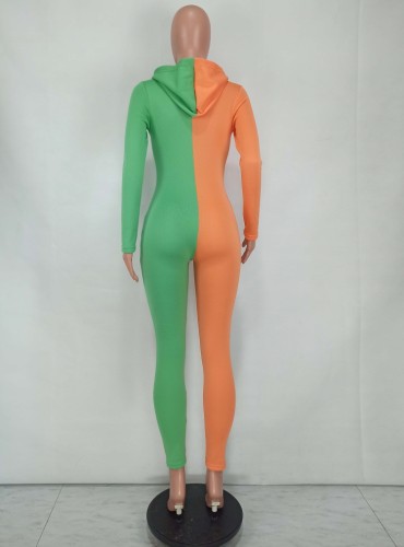 Orange and Green Contrast Zip Long Sleeve Tight Hoody Jumpsuit