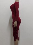 Burgunry Deep-V Long Sleeves Ruched Bodycon Midi Dress