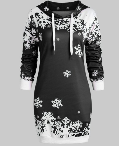 Christmas Print Black Drawstring Hoody Mini Dress