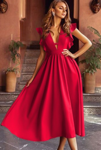 Spring Red V-neck Ruffled Sleeve Swing Long Dress
