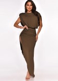 Brown Sleeveless Pad Shoulder Ruched Split Irregular Long Dress