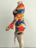 Plus Size Print Flare Sleeve Ruched Mini Dress