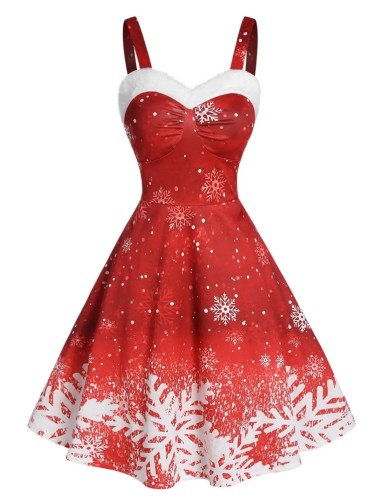Christmas Print Red Wide Cami Sweetheart Collar Dress