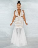 White Halter Backless Tulle Hem Long Mermaid Dress