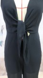Black Hollow Out Deep-V Sleeveless Tie Loose Jumpsuit