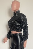 Black Pu Leather Long Sleeve Zipper High Neck Short Coat
