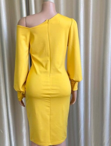 Yellow Long Sleeve Slash Shoulder Skinny Midi Dress