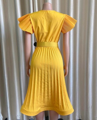Plus Size Yellow V-Neck Ruffled Short Sleeve Pleated Midi Dress with Belt