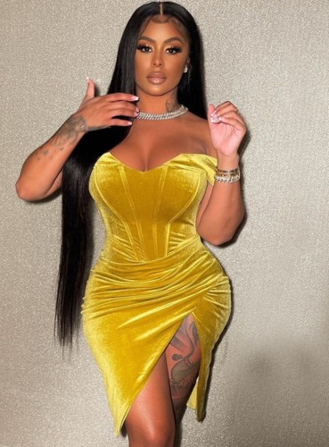 Yellow Velvet Off Shoulder Short Sleeve Slit Irregular Dress