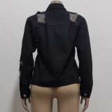 Black Ripped Long Sleeves Button Open Denim Jean Jacket
