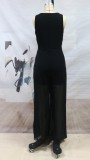 Black Hollow Out Deep-V Sleeveless Tie Loose Jumpsuit