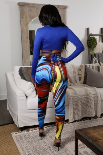 Blue V-Neck Long Sleeve Crop Top and Printed High Waist Fitted Pants 2PCS Set