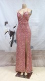 Pink Sequins Cami Sleeveless Backless Slit Maxi Dress