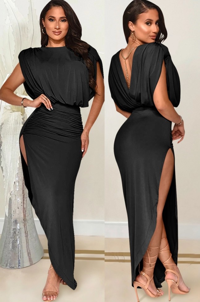 Black Sleeveless Pad Shoulder Ruched Split Irregular Long Dress