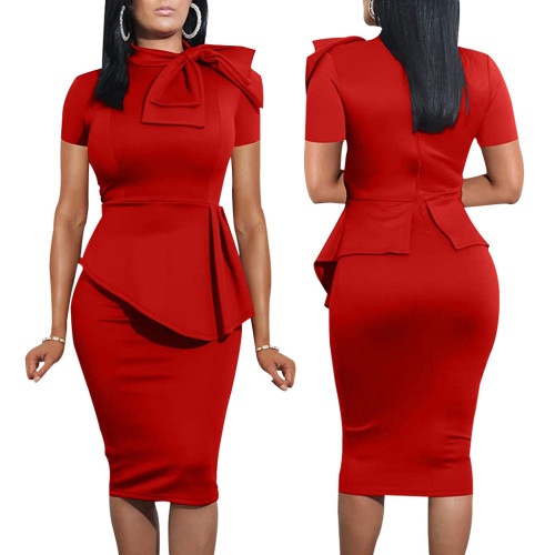 Red Short Sleeve Bow Tie Neck Peplum Dress