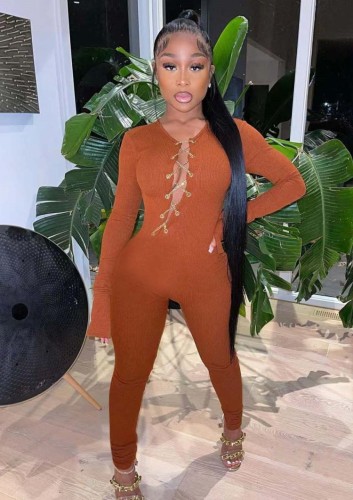 Brown Chain Lace Up Long Sleeve Fitted Jumpsuits with Half Gloves