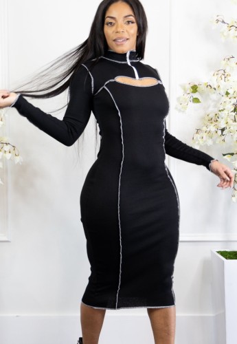 Black Keyhole Long Sleeves High Neck Midi Dress