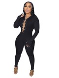 Black Chain Lace Up Long Sleeve Fitted Jumpsuits with Half Gloves
