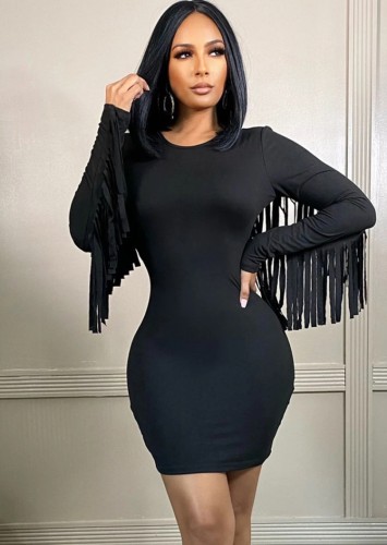 Black O-Neck Tassel Long Sleeve Sheath Mini Dress