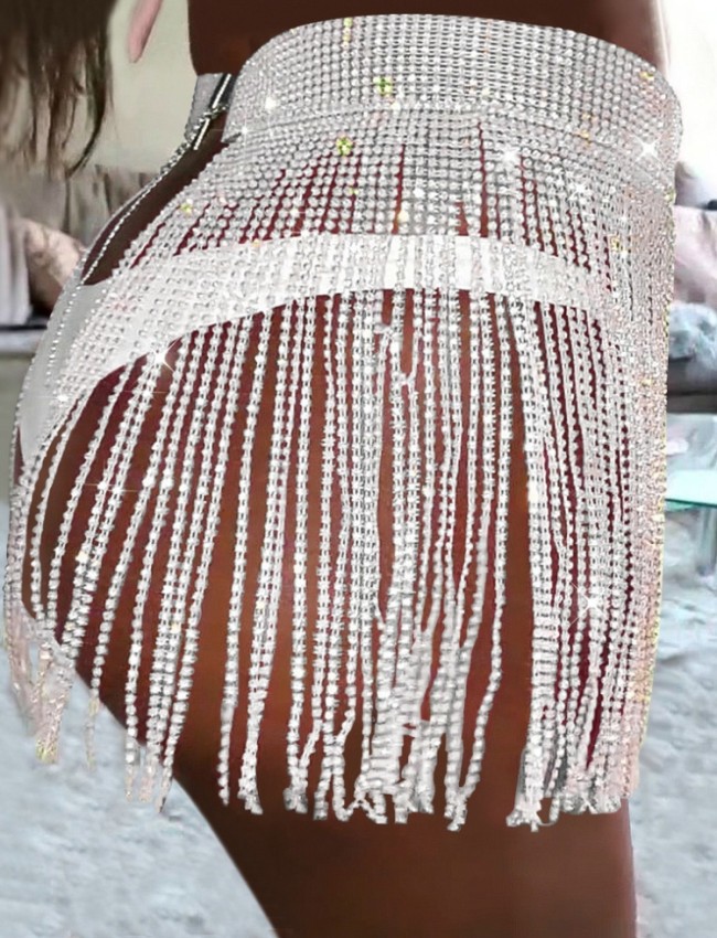 White Bling Bling Rhinestone Fringe Tassels Chains Mini Skirt