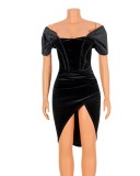 Black Velvet Off Shoulder Short Sleeve Slit Irregular Dress